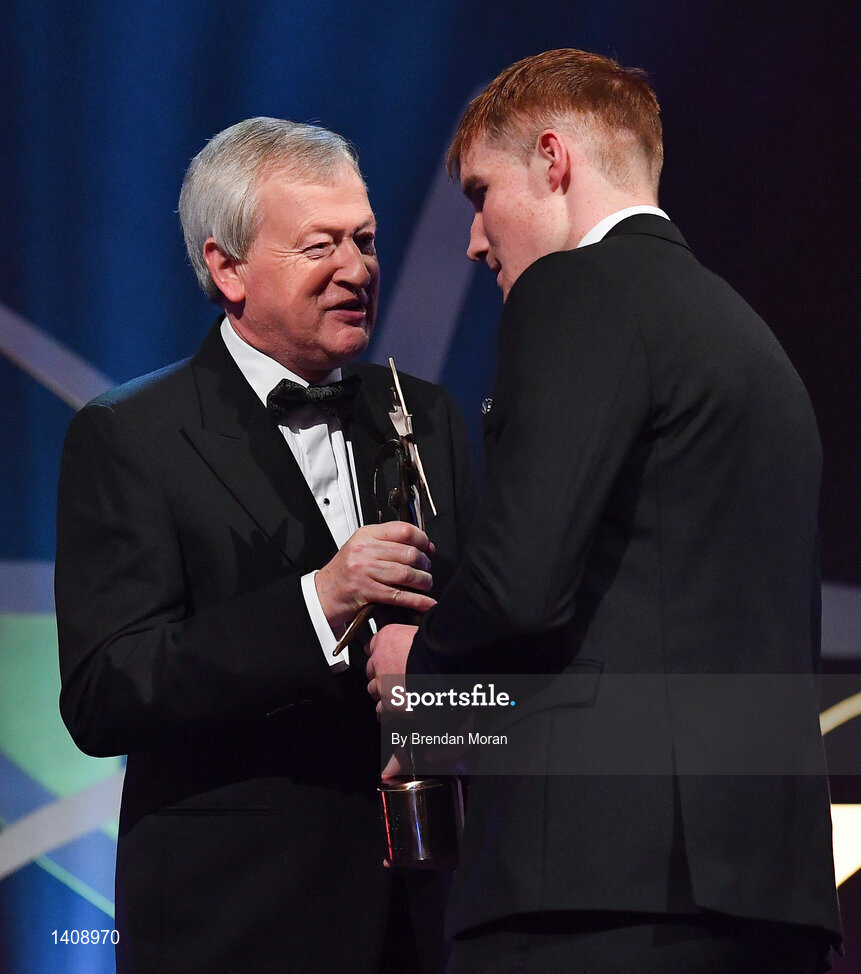 3 November 2017; Galway hurler Conor Whelan is presented with his Young Hurler of the Year by Paráic Duffy, Ard Stiúrthóir of the GAA, during the PwC All Stars 2017 at the Convention Centre in Dublin. Photo by Brendan Moran/Sportsfile