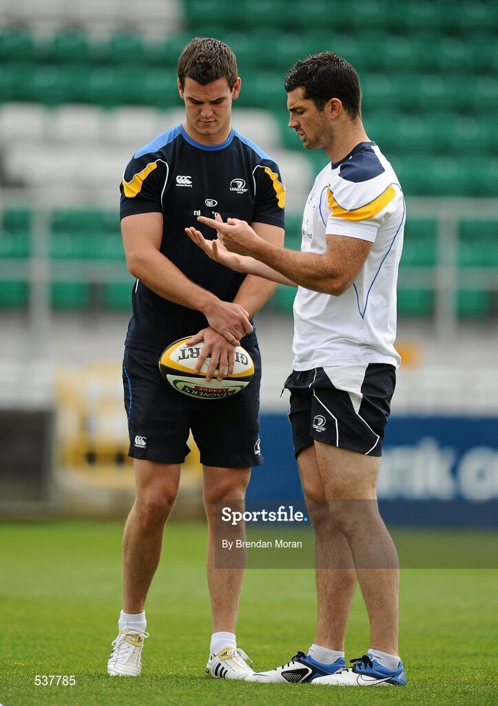 22 July 2011; Leinster's Jonathan Sexton, left, and Rob Kearney discuss tactics during an open training session ahead of the 2011/12 season. Tallaght Stadium, Tallaght, Dublin. Picture credit: Brendan Moran / SPORTSFILE