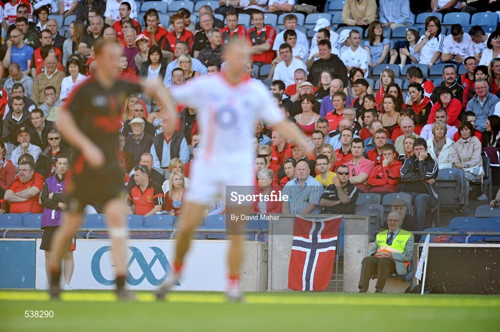 23 July 2011; A Norwegian flag hangs over the fencing during the game between Cork and Down. GAA Football All-Ireland Senior Championship Qualifier Round 4, Cork v Down, Croke Park, Dublin. Picture credit: David Maher / SPORTSFILE