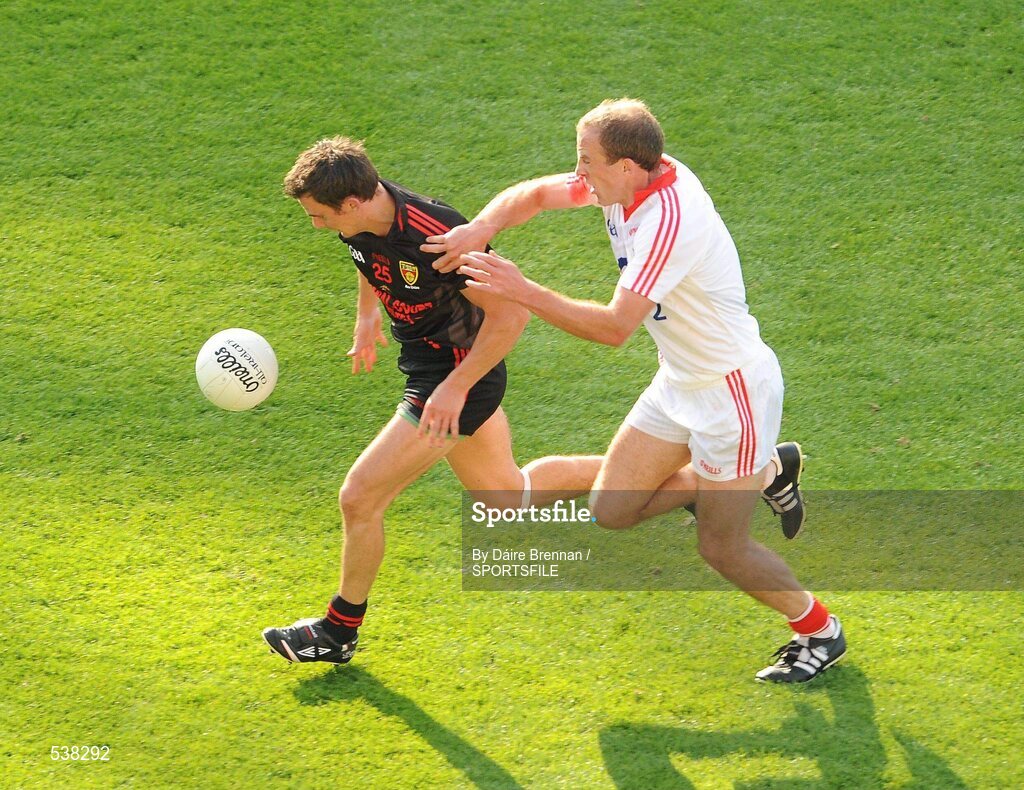 23 July 2011; Danny Hughes, Down, in action against Pearse O'Neill, Cork. GAA Football All-Ireland Senior Championship Qualifier Round 4, Cork v Down, Croke Park, Dublin. Picture credit: Dáire Brennan / SPORTSFILE