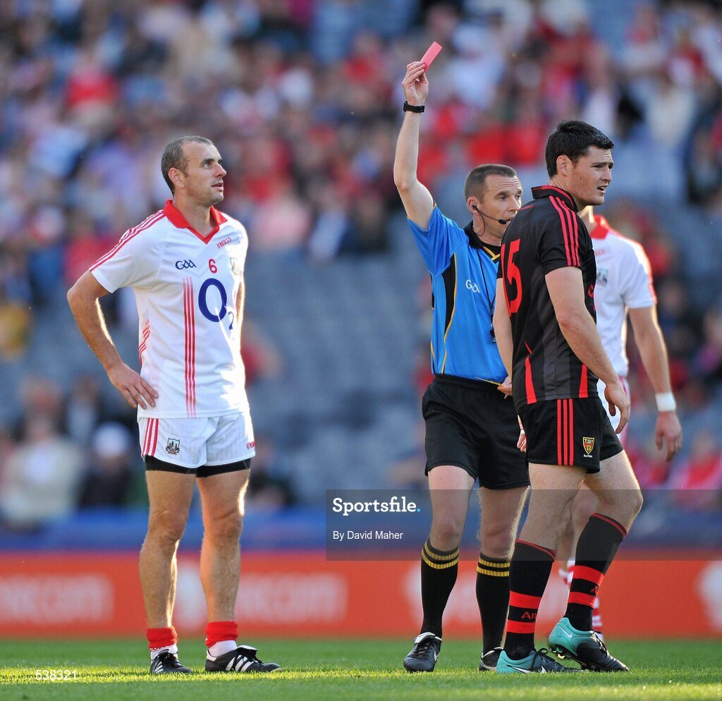 23 July 2011; Referee Michael Duffy, shows the red card to Martin Clarke, right, Down. GAA Football All-Ireland Senior Championship Qualifier Round 4, Cork v Down, Croke Park, Dublin. Picture credit: David Maher / SPORTSFILE
