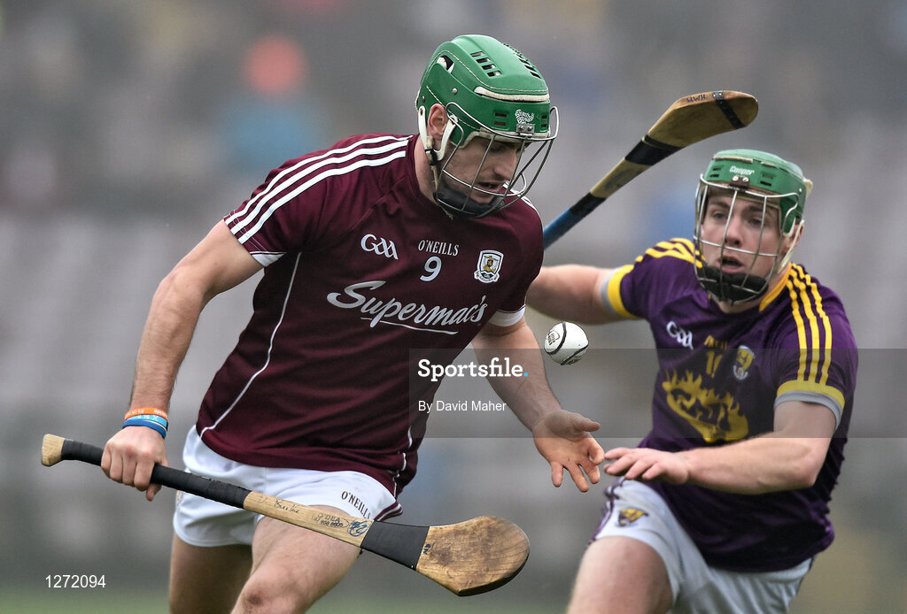 19 February 2017; David Burke of Galway in action against Aidan Nolan of Wexford during the Allianz Hurling League Division 1B Round 2 match between Galway and Wexford at Pearse Stadium in Galway. Photo by David Maher/Sportsfile