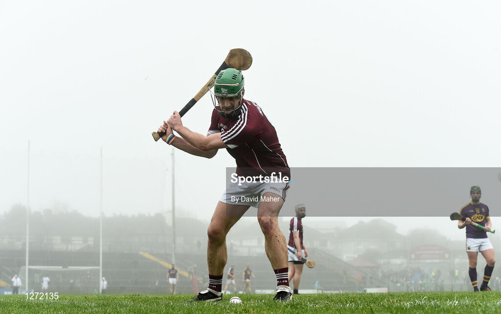 19 February 2017; David Burke of Galway takes a sideline cut during the Allianz Hurling League Division 1B Round 2 match between Galway and Wexford at Pearse Stadium in Galway. Photo by David Maher/Sportsfile