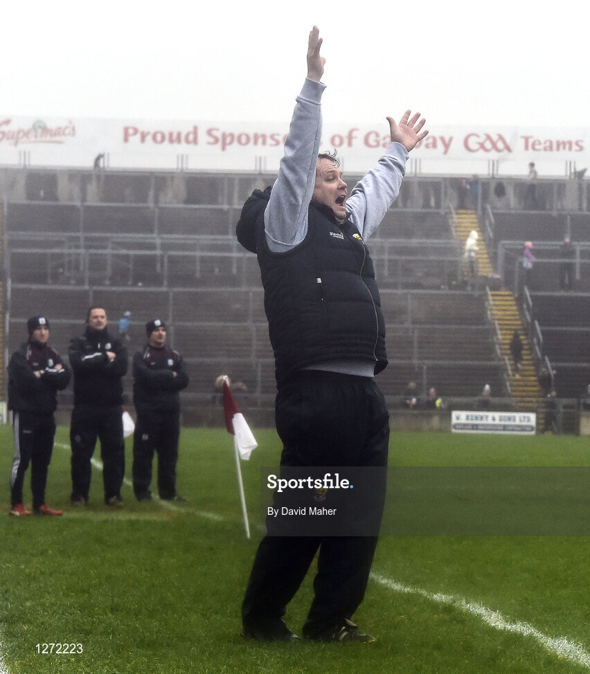 19 February 2017; Manager of Wexford Davy Fitzgerald celebrates a late point during the closing stages of the game at the Allianz Hurling League Division 1B Round 2 match between Galway and Wexford at Pearse Stadium in Galway. Photo by David Maher/Sportsfile