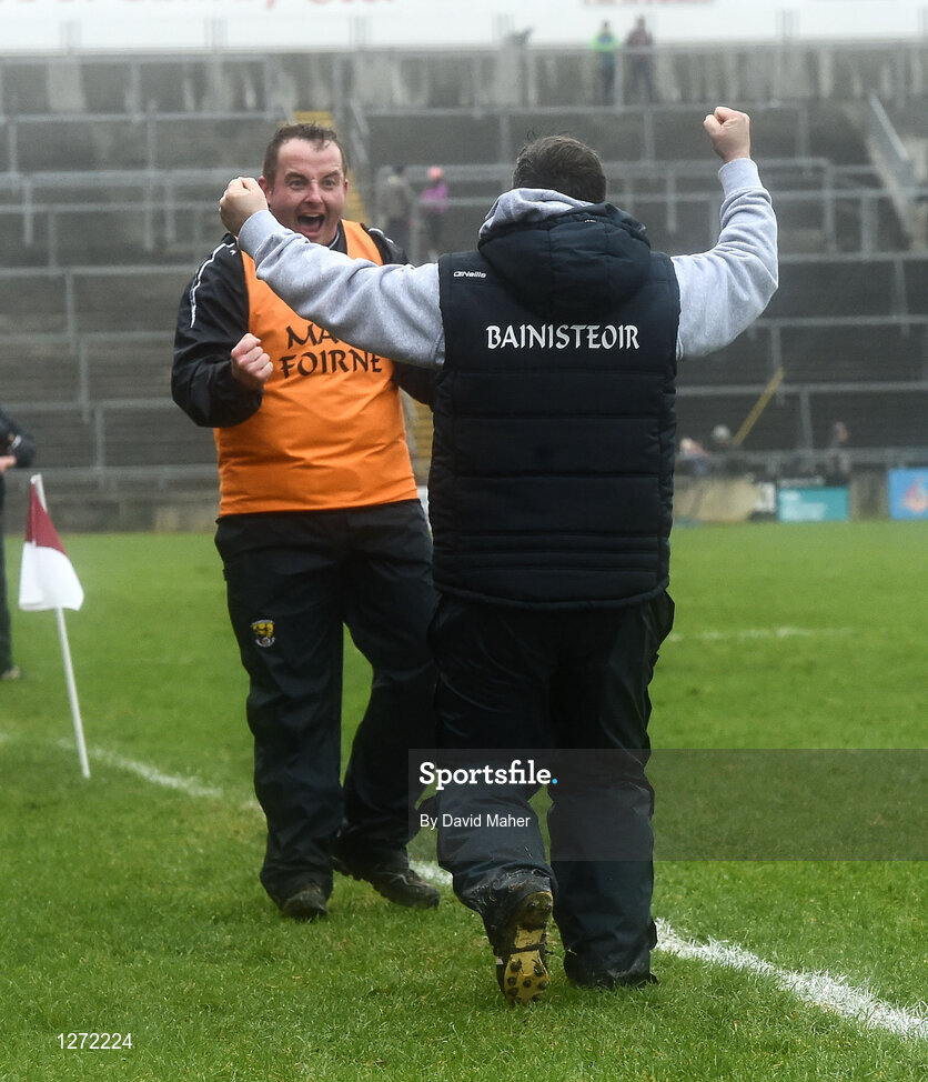 19 February 2017; Manager of Wexford Davy Fitzgerald, right, celebrates with selector Seoirse Bulfin, at the end of the Allianz Hurling League Division 1B Round 2 match between Galway and Wexford at Pearse Stadium in Galway. Photo by David Maher/Sportsfile