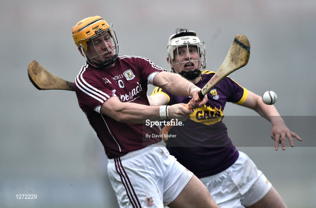 19 February 2017; Davy Glennon of Galway in action against Liam Ryan of Wexford during the Allianz Hurling League Division 1B Round 2 match between Galway and Wexford at Pearse Stadium in Galway. Photo by David Maher/Sportsfile