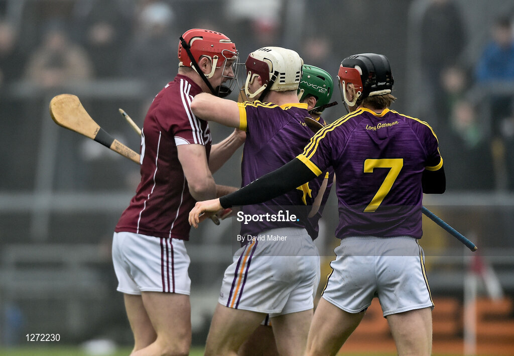 19 February 2017; Joe Canning of Galway and James Breen of Wexford confront each other during the Allianz Hurling League Division 1B Round 2 match between Galway and Wexford at Pearse Stadium in Galway. Photo by David Maher/Sportsfile