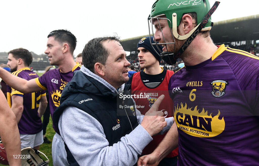 19 February 2017; Manager of Wexford Davy Fitzgerald celebrates with Matthew O'Hanlon at the end of the Allianz Hurling League Division 1B Round 2 match between Galway and Wexford at Pearse Stadium in Galway. Photo by David Maher/Sportsfile
