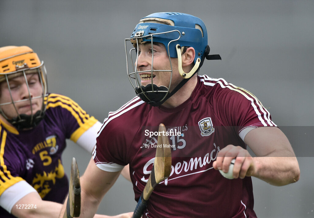 19 February 2017; Conor Cooney of Galway in action against Simon Donohoe of Wexford during the Allianz Hurling League Division 1B Round 2 match between Galway and Wexford at Pearse Stadium in Galway. Photo by David Maher/Sportsfile