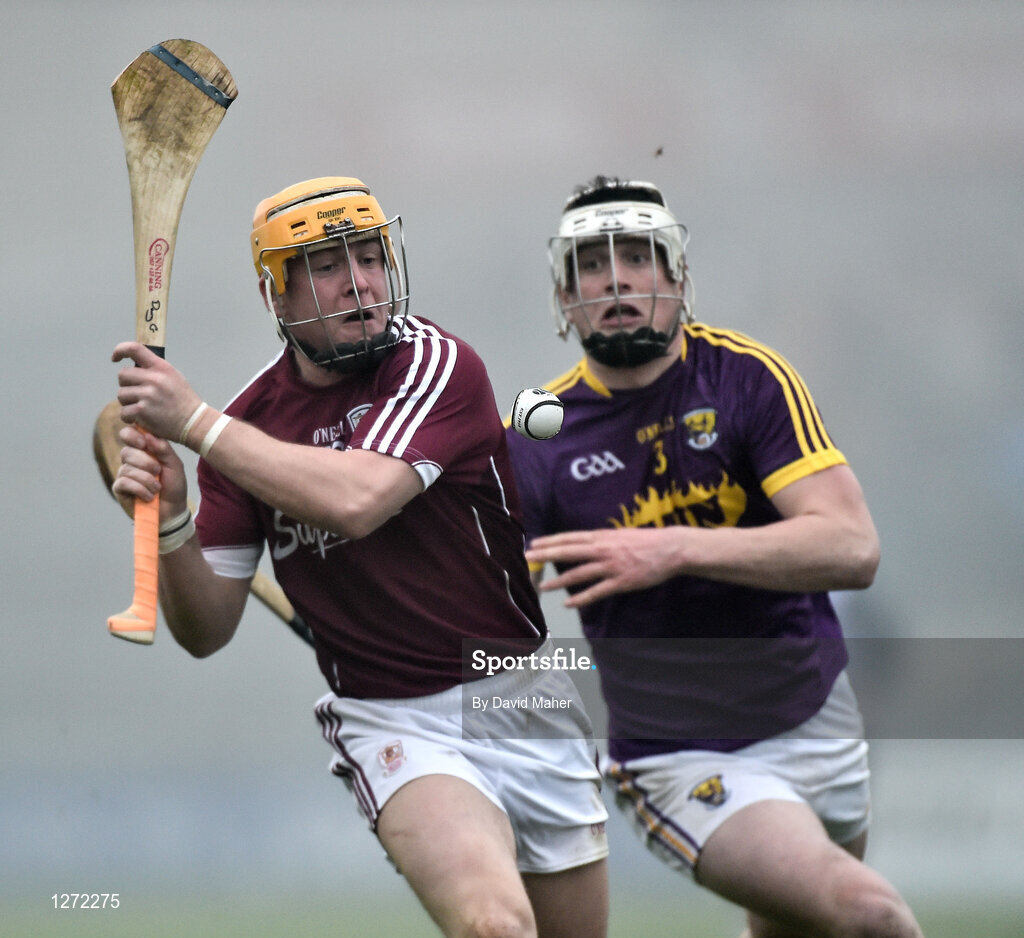 19 February 2017; Davy Glennon of Galway in action against Liam Ryan of Wexford during the Allianz Hurling League Division 1B Round 2 match between Galway and Wexford at Pearse Stadium in Galway. Photo by David Maher/Sportsfile