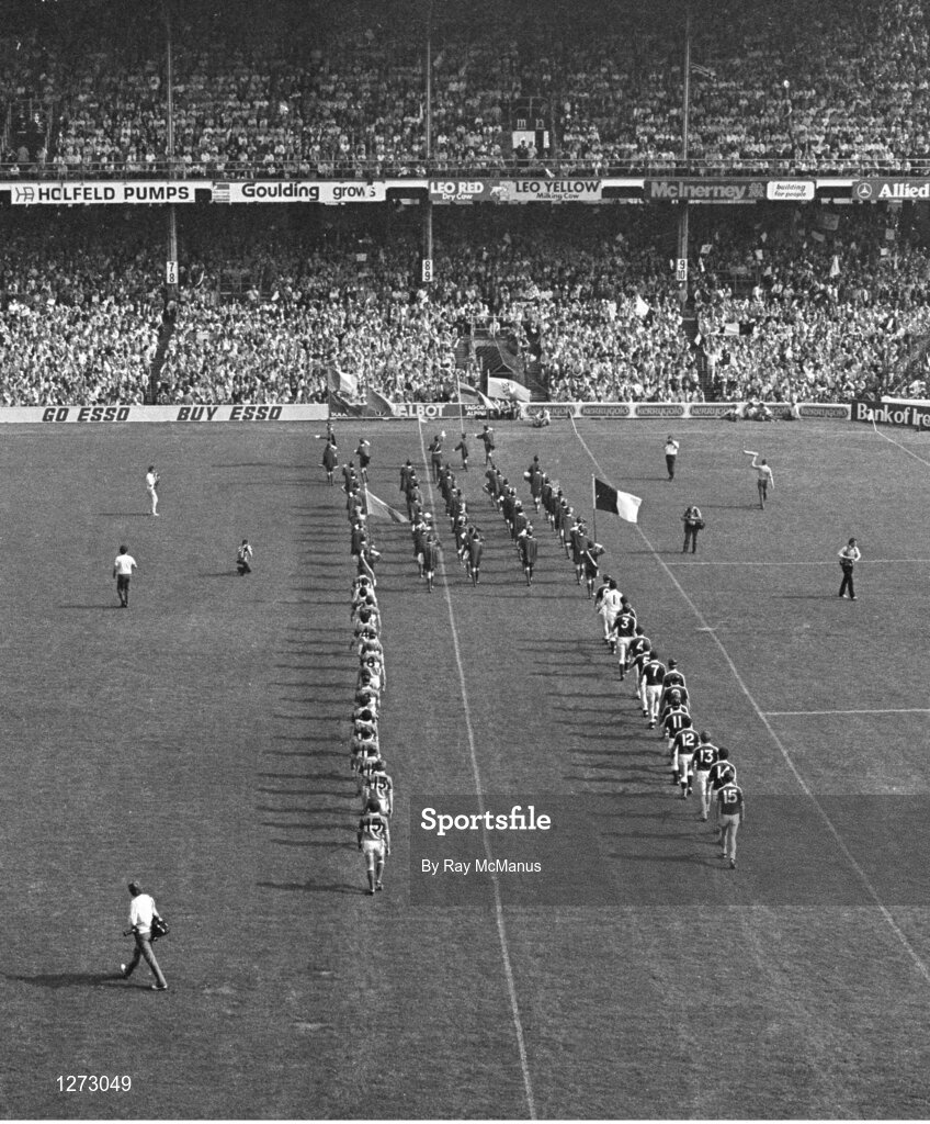 6 September 1981; The Galway and Offaly teams parade around Croke Park ahead of the All-Ireland Senior Hurling Championship Final match between Offaly and Galway at Croke Park in Dublin. Photo by Ray McManus/Sportsfile