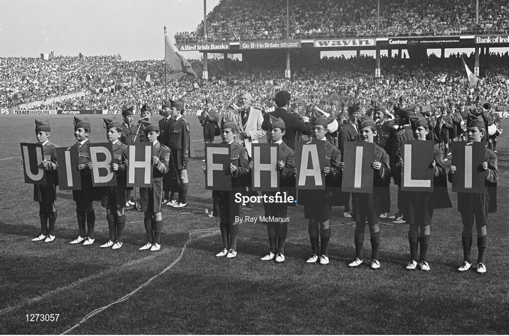 6 September 1981; Members of the Artane Boys Band display the Offaly team name ahead of the All-Ireland Senior Hurling Championship Final match between Offaly and Galway at Croke Park in Dublin. Photo by Ray McManus/Sportsfile