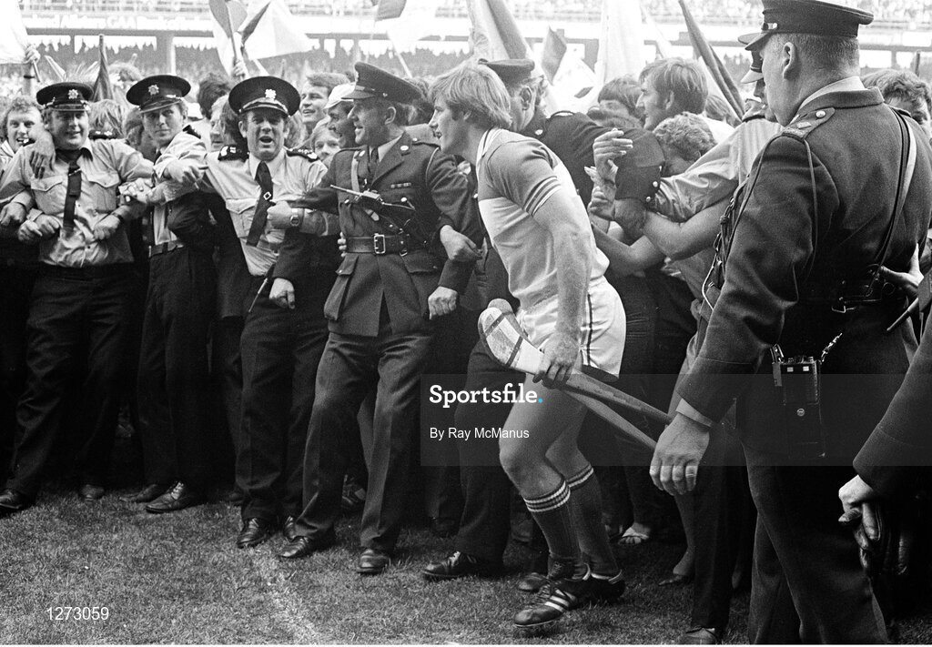 6 September 1981; Members of An Garda Síochána attempt create a cordon in front of the Hogan Stand after the All-Ireland Senior Hurling Championship Final match between Offaly and Galway at Croke Park in Dublin. Photo by Ray McManus/Sportsfile