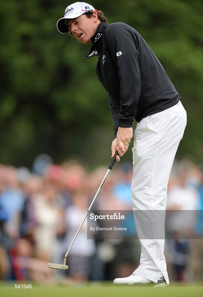 30 July 2011; Rory McIlroy reacts after missing a putt on the 9th green during the third round of the 2011 Discover Ireland Irish Open Golf Championship, Killarney Golf & Fishing Club, Killarney, Co. Kerry. Picture credit: Diarmuid Greene / SPORTSFILE