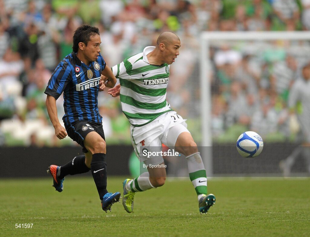 30 July 2011; Cha Du-Ri, Glasgow Celtic FC, in action against Yuto Nagatomo, Inter Milan. Dublin Super Cup, Inter Milan v Glasgow Celtic FC, Aviva Stadium, Lansdowne Road, Dublin. Photo by Sportsfile
