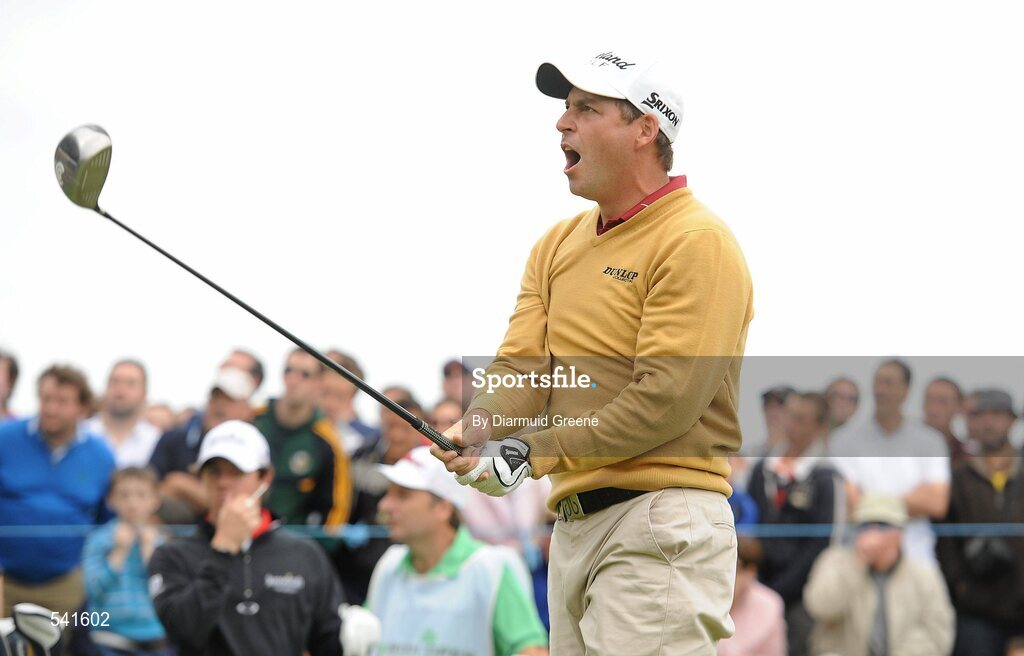 30 July 2011; David Howell shouts 'four' after driving off from the 9th tee box during the third round of the 2011 Discover Ireland Irish Open Golf Championship, Killarney Golf & Fishing Club, Killarney, Co. Kerry. Picture credit: Diarmuid Greene / SPORTSFILE