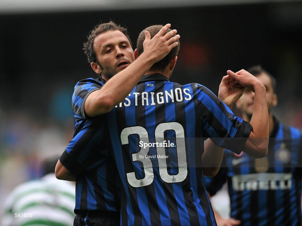 30 July 2011; Luc Castaignos, right, Inter Milan, celebrates after after scoring his side's first goal with team-mate Giampolo Pazzini. Dublin Super Cup, Inter Milan v Glasgow Celtic FC, Aviva Stadium, Lansdowne Road, Dublin. Picture credit: David Maher / SPORTSFILE