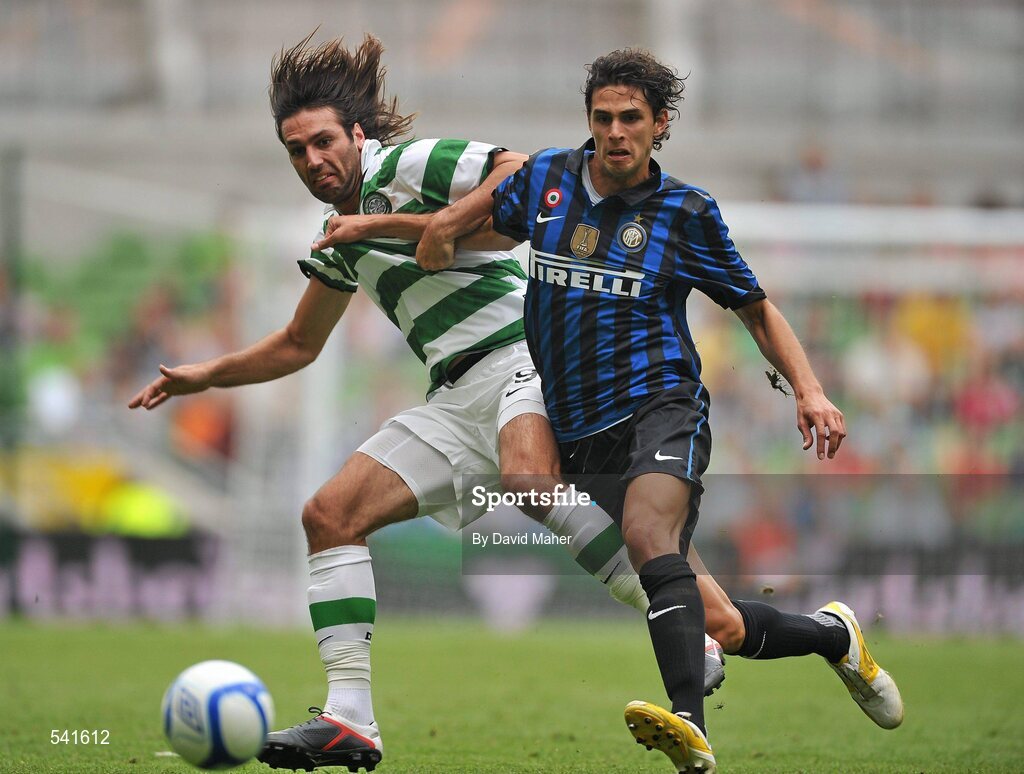 30 July 2011; Georgios Samaras, Glasgow Celtic FC , in action against Andrea Ranocchia, Inter Milan. Dublin Super Cup, Inter Milan v Glasgow Celtic FC, Aviva Stadium, Lansdowne Road, Dublin. Picture credit: David Maher / SPORTSFILE