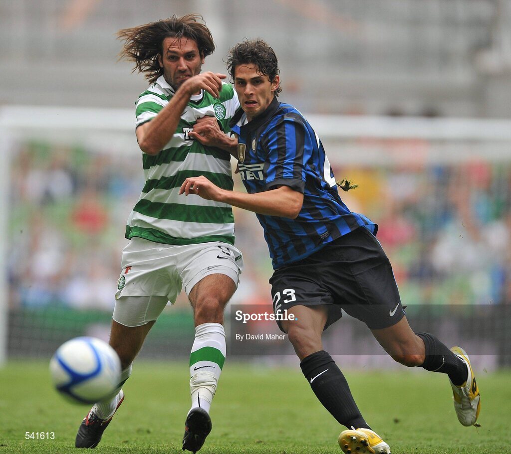 30 July 2011; Georgios Samaras, Glasgow Celtic FC, in action against Andrea Ranocchia, Inter Milan. Dublin Super Cup, Inter Milan v Glasgow Celtic FC, Aviva Stadium, Lansdowne Road, Dublin. Picture credit: David Maher / SPORTSFILE