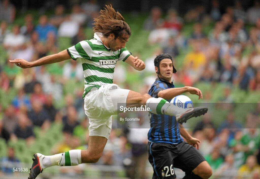 30 July 2011; Georgios Samaras, Glasgow Celtic FC, in action against Cristian Chivu, Inter Milan. Dublin Super Cup, Inter Milan v Glasgow Celtic FC, Aviva Stadium, Lansdowne Road, Dublin. Photo by Sportsfile