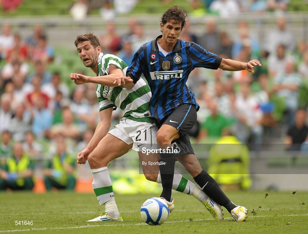 30 July 2011; Andrea Ranocchia, Inter Milan, in action against Charlie Mulgrew, Glasgow Celtic FC. Dublin Super Cup, Inter Milan v Glasgow Celtic FC, Aviva Stadium, Lansdowne Road, Dublin. Photo by Sportsfile