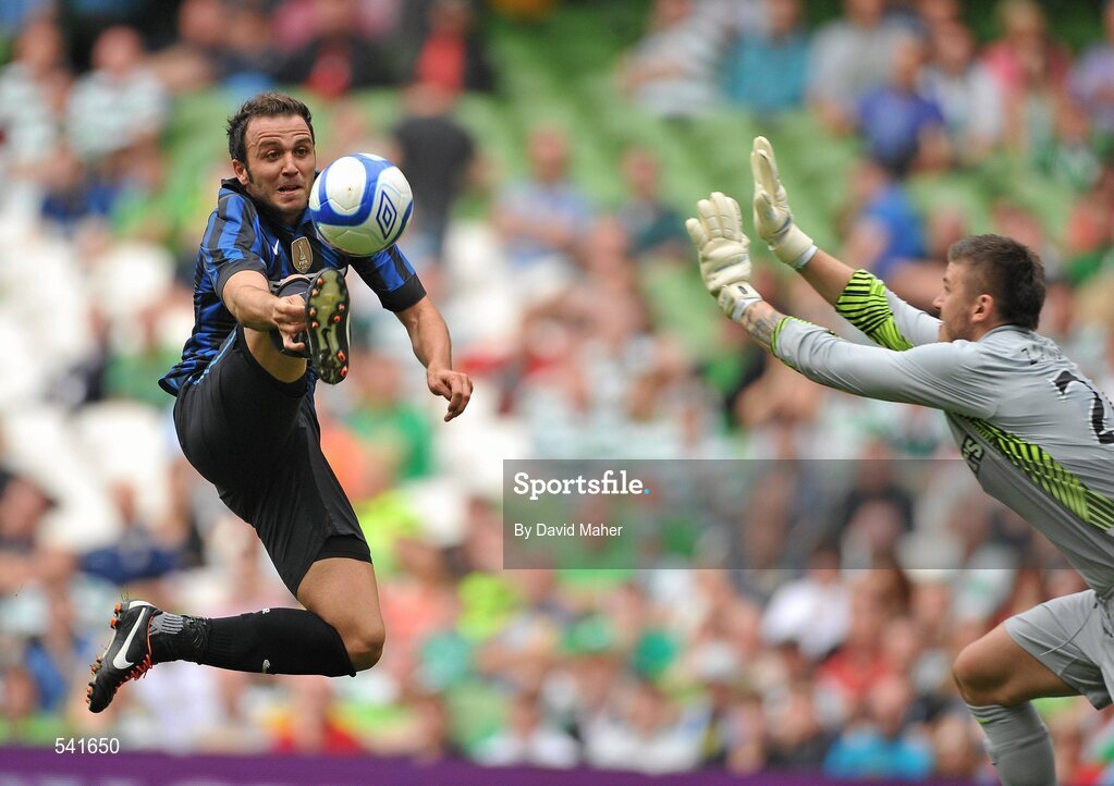 30 July 2011; Giampolo Pazzini, Inter Milan, beats Glasgow Celtic FC goalkeeper Lucas Zaluska to score his side's second goal. Dublin Super Cup, Inter Milan v Glasgow Celtic FC, Aviva Stadium, Lansdowne Road, Dublin. Picture credit: David Maher / SPORTSFILE