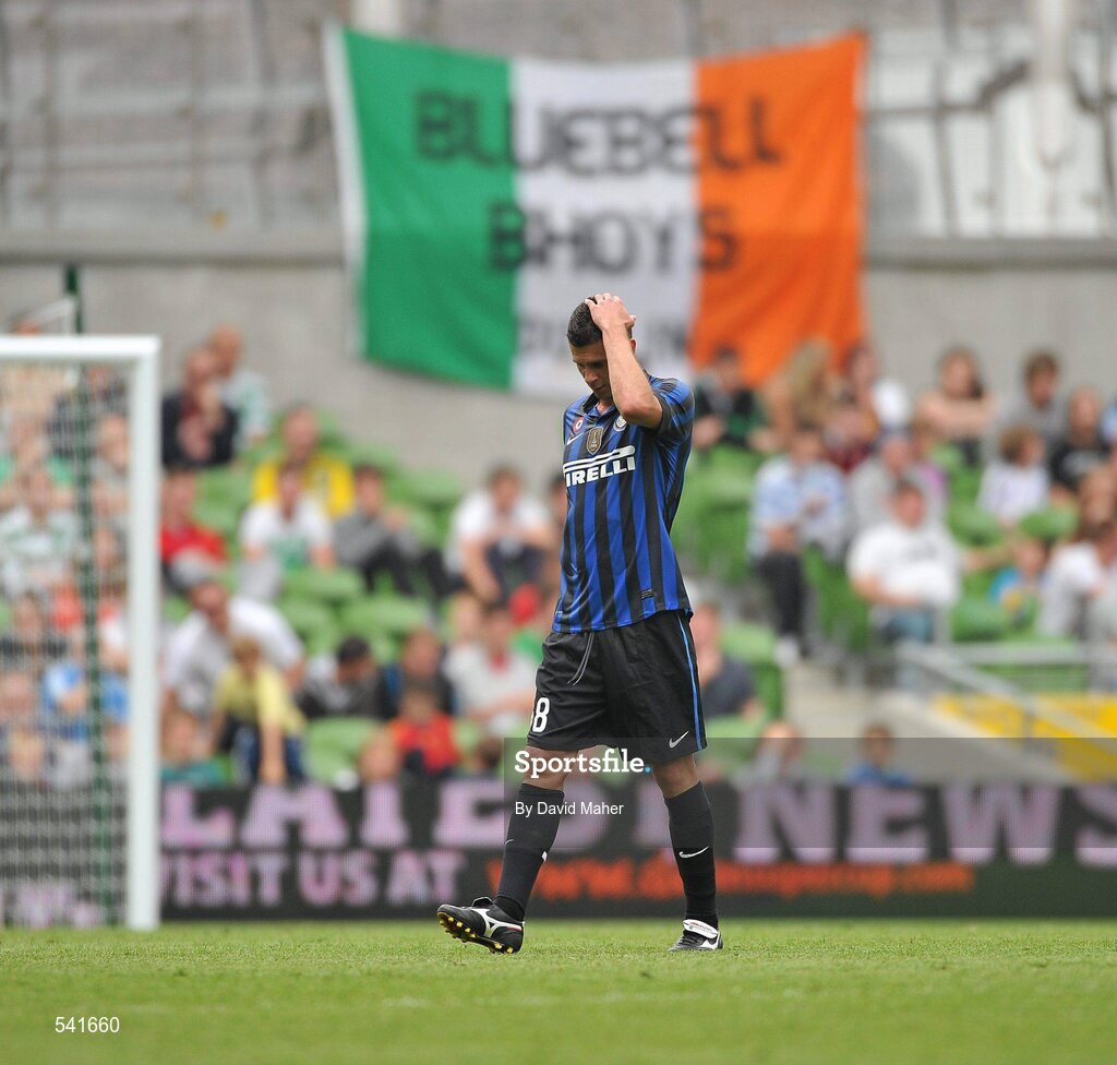 30 July 2011; Thiago Motta, Inter Milan, walks off the pitch after being sent off by referee Damien Hancock. Dublin Super Cup, Inter Milan v Glasgow Celtic FC, Aviva Stadium, Lansdowne Road, Dublin. Picture credit: David Maher / SPORTSFILE