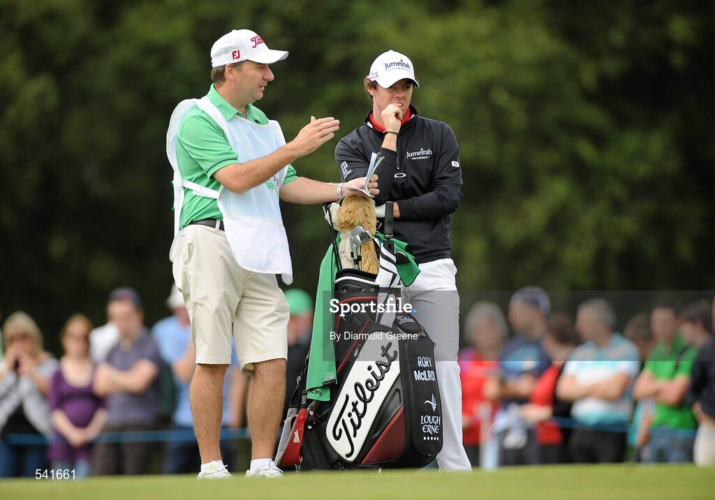 30 July 2011; Rory McIlroy with his caddy JP Fitzgerald during the third round of the 2011 Discover Ireland Irish Open Golf Championship, Killarney Golf & Fishing Club, Killarney, Co. Kerry. Picture credit: Diarmuid Greene / SPORTSFILE