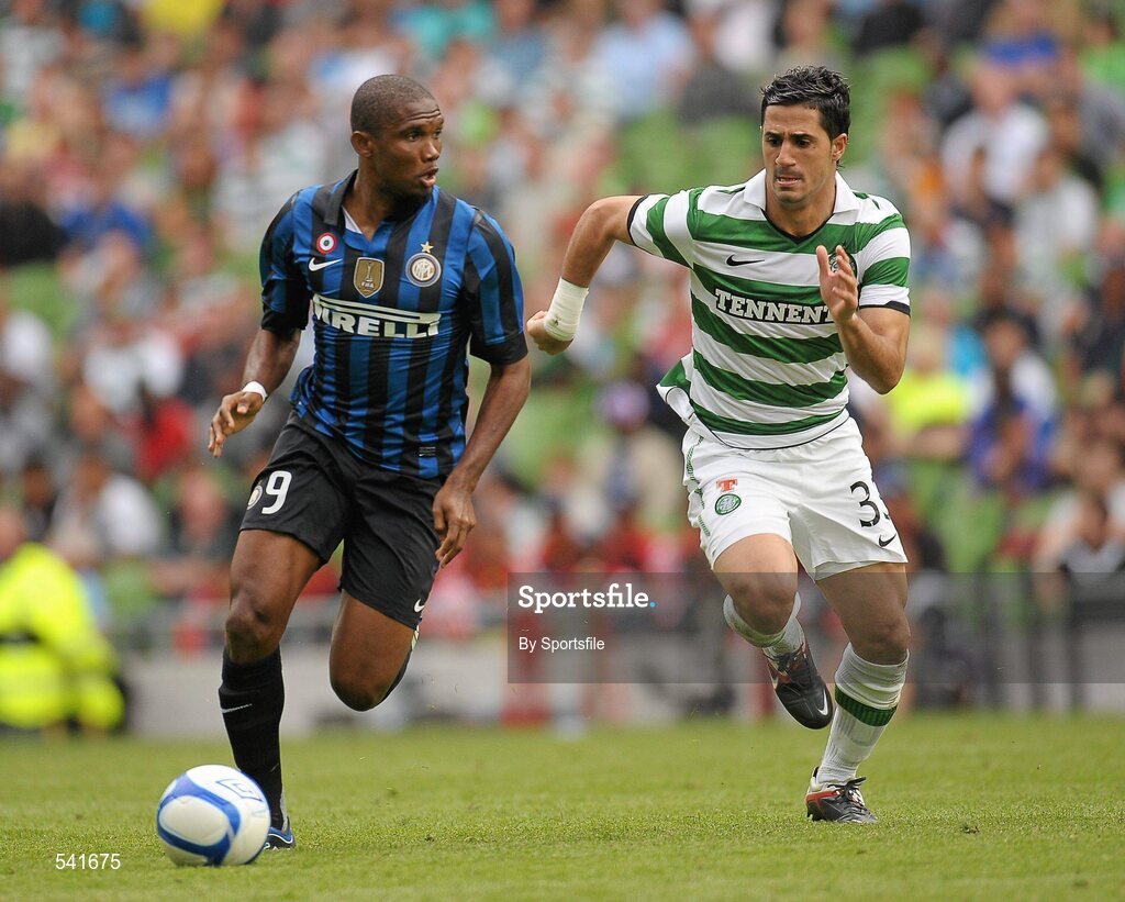 30 July 2011; Samuel Eto'o, Inter Milan, in action against Byram Kayal, Glasgow Celtic FC. Dublin Super Cup, Inter Milan v Glasgow Celtic FC, Aviva Stadium, Lansdowne Road, Dublin. Photo by Sportsfile