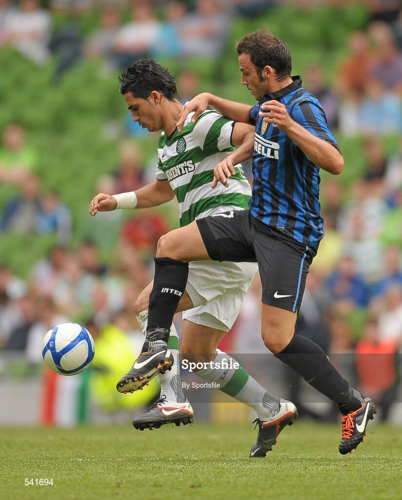 30 July 2011; Byram Kayal, Glasgow Celtic FC, in action against Giampolo Pazzini, Inter Milan. Dublin Super Cup, Inter Milan v Glasgow Celtic FC, Aviva Stadium, Lansdowne Road, Dublin. Photo by Sportsfile