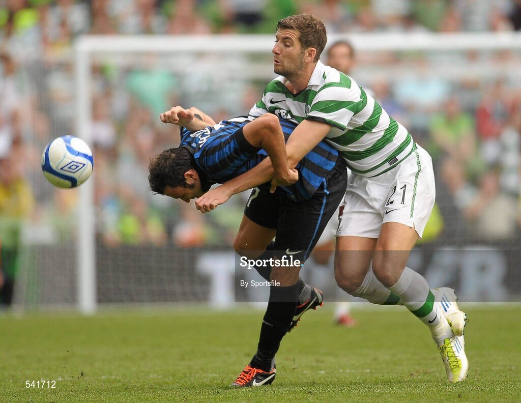 30 July 2011; Giampolo Pazzini, Inter Milan, in action against Charlie Mulgrew, Glasgow Celtic FC. Dublin Super Cup, Inter Milan v Glasgow Celtic FC, Aviva Stadium, Lansdowne Road, Dublin. Photo by Sportsfile