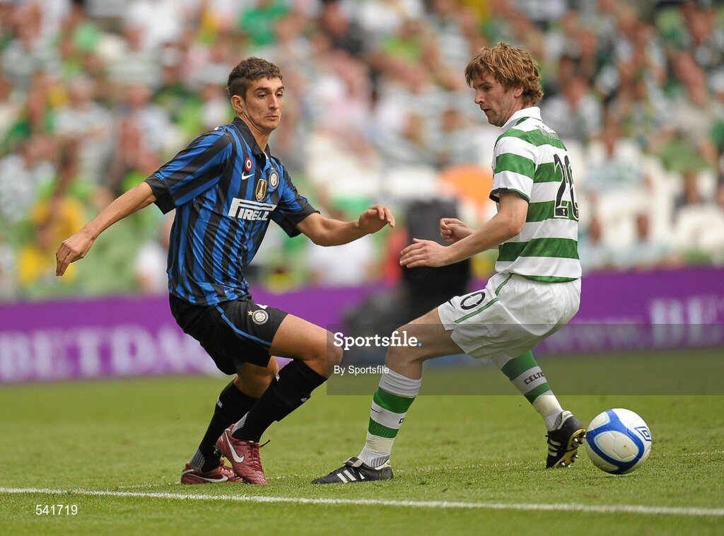 30 July 2011; Matteo Biancheti, Inter Milan, in action against Paddy McCourt, Glasgow Celtic FC. Dublin Super Cup, Inter Milan v Glasgow Celtic FC, Aviva Stadium, Lansdowne Road, Dublin. Photo by Sportsfile