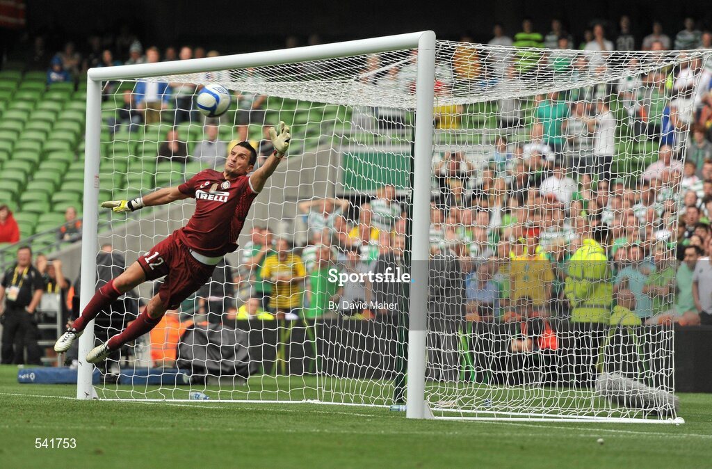 30 July 2011; Luca Castellazzi, Inter Milan saves a late free kick during the closing stages of the game. Dublin Super Cup, Inter Milan v Glasgow Celtic FC, Aviva Stadium, Lansdowne Road, Dublin. Picture credit: David Maher / SPORTSFILE