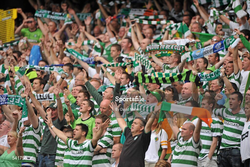 30 July 2011; Glasgow Celtic FC supporters cheer on their team during the game. Dublin Super Cup, Inter Milan v Glasgow Celtic FC, Aviva Stadium, Lansdowne Road, Dublin. Picture credit: David Maher / SPORTSFILE