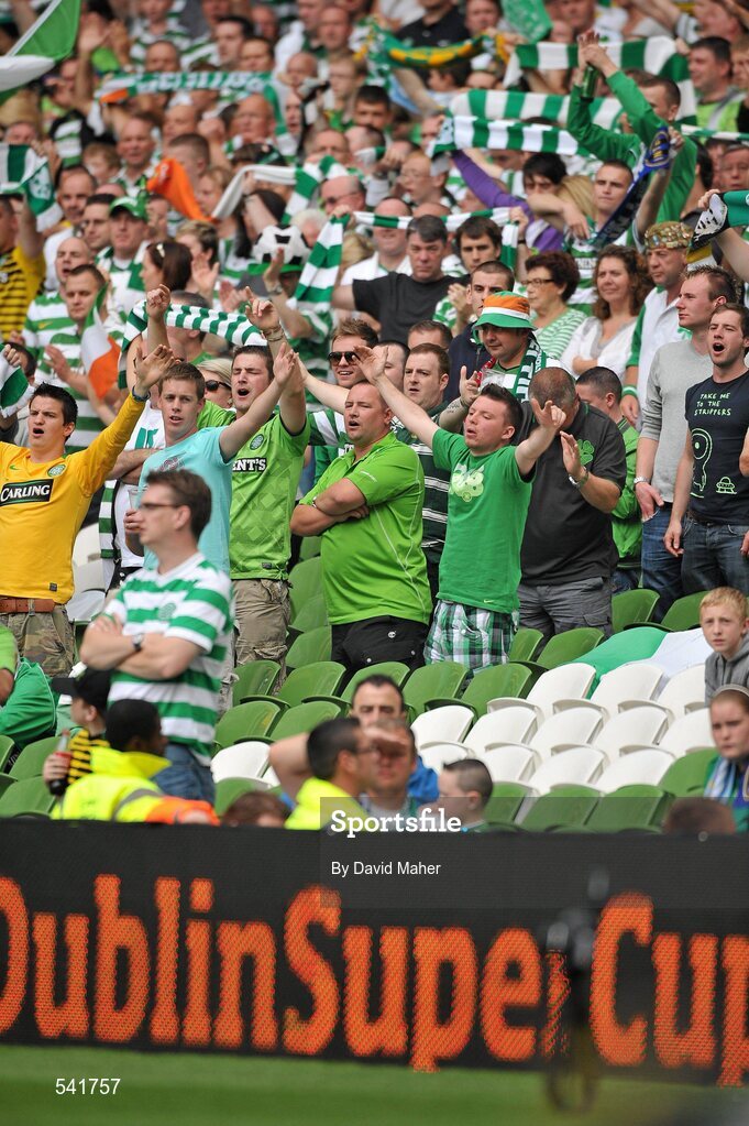 30 July 2011; Glasgow Celtic FC supporters cheer on their team during the game. Dublin Super Cup, Inter Milan v Glasgow Celtic FC, Aviva Stadium, Lansdowne Road, Dublin. Picture credit: David Maher / SPORTSFILE