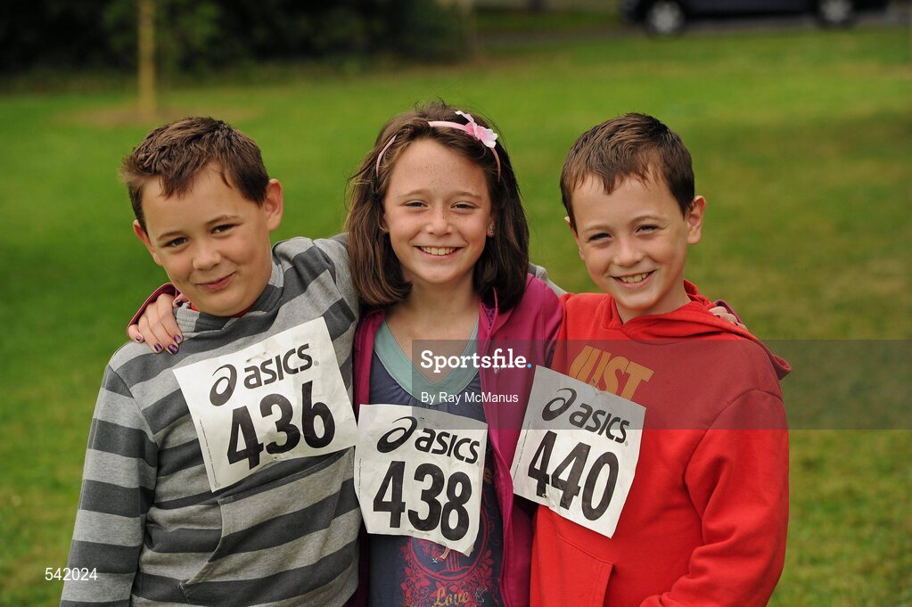 31 July 2011; Nine year old triplets, Evan, left, Sadbh and Rossa O'Brien, from Kilcock, Co Kildare, before the start of the Athletics Ireland Family Fitness Festival at Farmleigh. Phoenix Park, Dublin. Picture credit: Ray McManus / SPORTSFILE