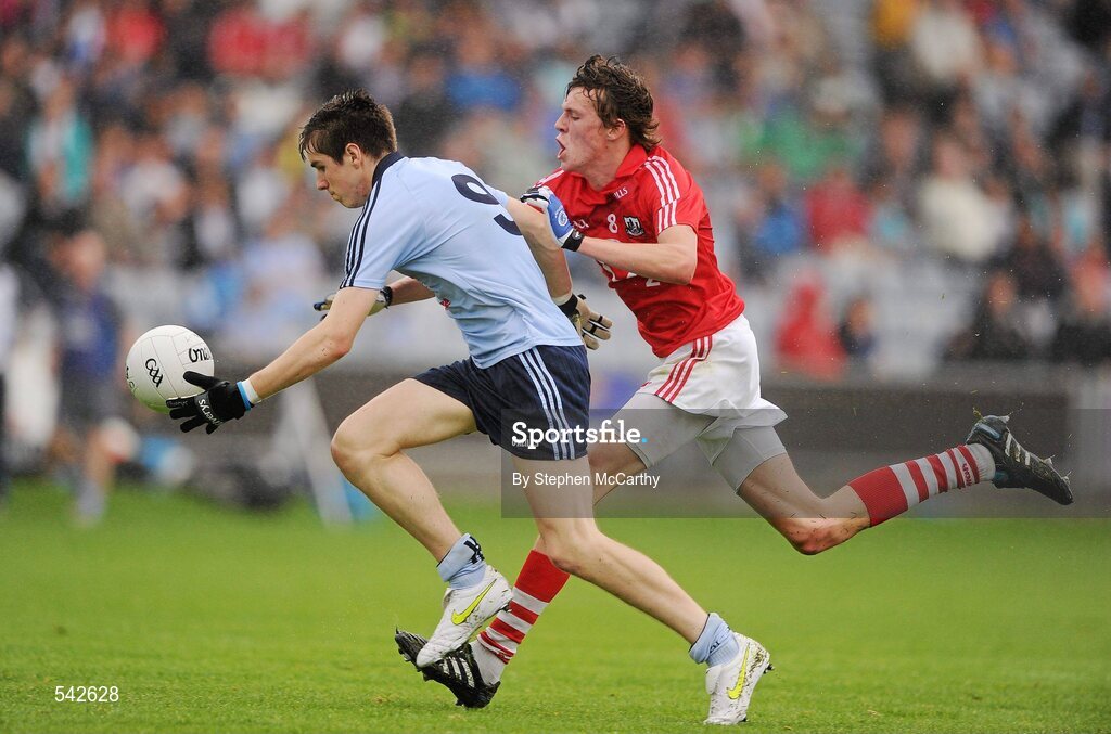 1 August 2011; Emmett O'Conghaile, Dublin, in action against Kevin Kavanagh, Cork. GAA Football All-Ireland Minor Championship Quarter-Final, Dublin v Cork, O'Moore Park, Portlaoise, Co. Laois. Picture credit: Stephen McCarthy / SPORTSFILE
