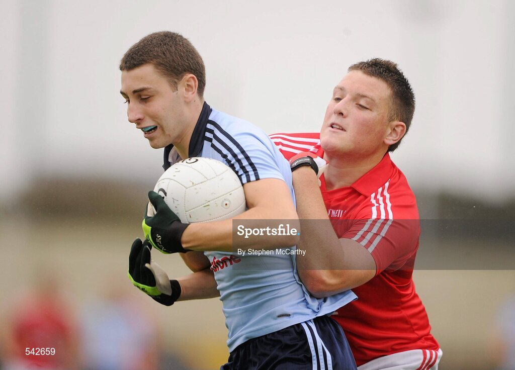 1 August 2011; Graham Hannigan, Dublin, in action against Dan MacEoin, Cork. GAA Football All-Ireland Minor Championship Quarter-Final, Dublin v Cork, O'Moore Park, Portlaoise, Co. Laois. Picture credit: Stephen McCarthy / SPORTSFILE