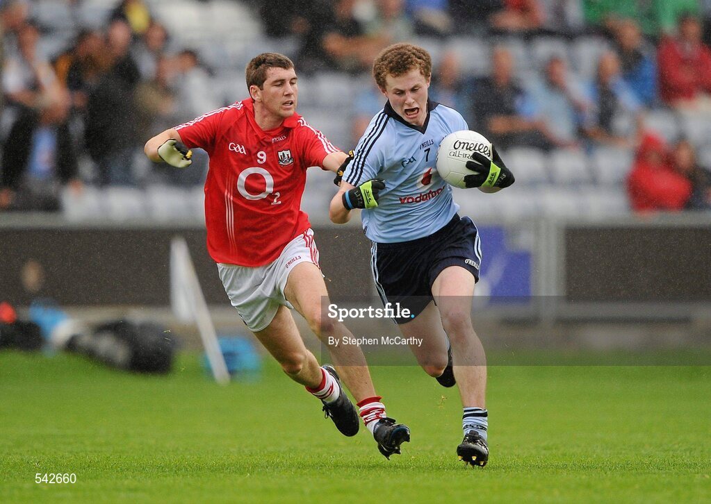 1 August 2011; Jack McCaffrey, Dublin, in action against Mark Sugrue, Cork. GAA Football All-Ireland Minor Championship Quarter-Final, Dublin v Cork, O'Moore Park, Portlaoise, Co. Laois. Picture credit: Stephen McCarthy / SPORTSFILE