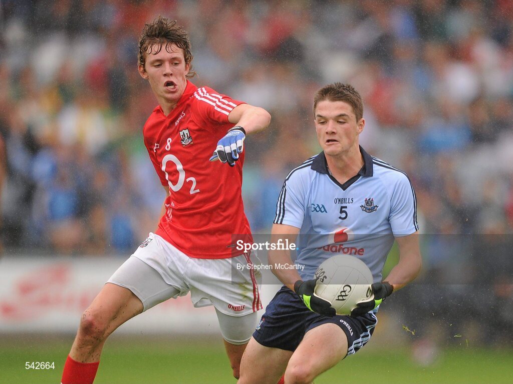 1 August 2011; Eric Lowndes, Dublin, in action against Kevin Kavanagh, Cork. GAA Football All-Ireland Minor Championship Quarter-Final, Dublin v Cork, O'Moore Park, Portlaoise, Co. Laois. Picture credit: Stephen McCarthy / SPORTSFILE