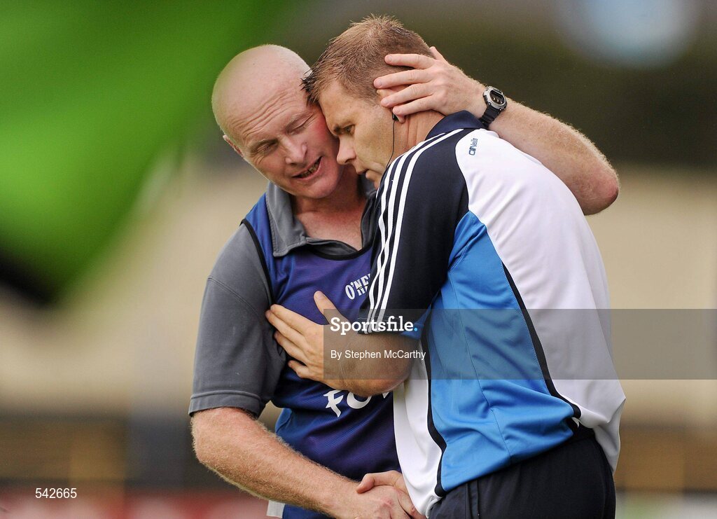 1 August 2011; Dublin manager Dessie Farrell is congratulated by selector Noel McCaffrey on their victory. GAA Football All-Ireland Minor Championship Quarter-Final, Dublin v Cork, O'Moore Park, Portlaoise, Co. Laois. Picture credit: Stephen McCarthy / SPORTSFILE