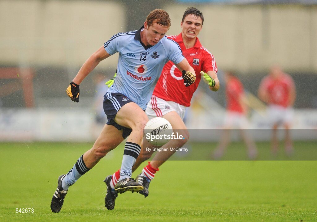 1 August 2011; Ciaran Kilkenny, Dublin, in action against Jamie Davis, Cork. GAA Football All-Ireland Minor Championship Quarter-Final, Dublin v Cork, O'Moore Park, Portlaoise, Co. Laois. Picture credit: Stephen McCarthy / SPORTSFILE