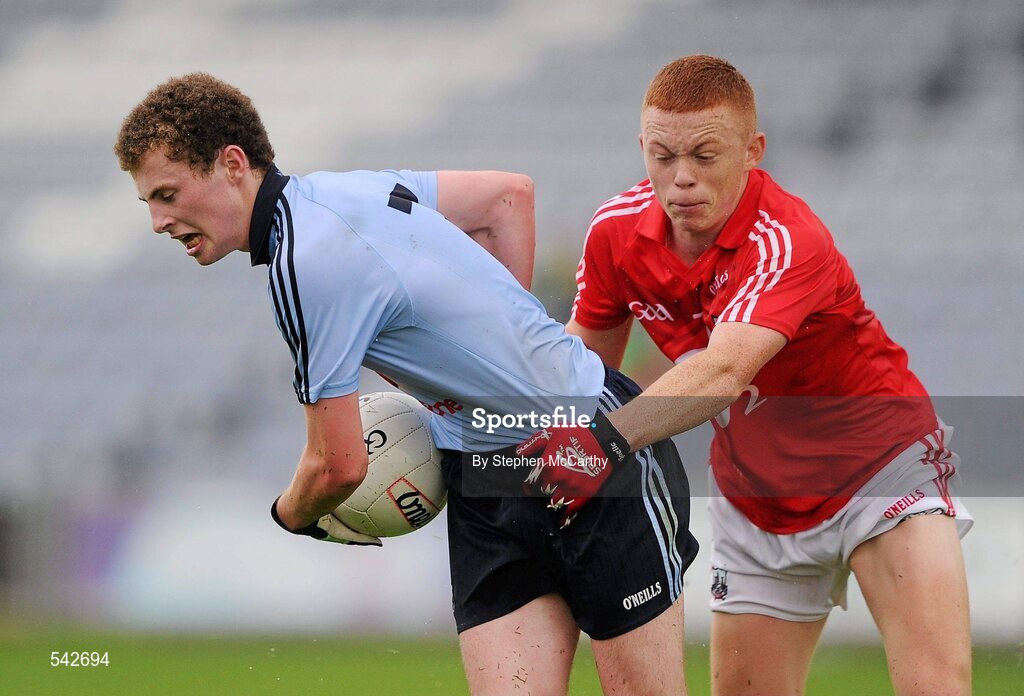 1 August 2011; Jack McCaffrey, Dublin, in action against Killian McIntyre, Cork. GAA Football All-Ireland Minor Championship Quarter-Final, Dublin v Cork, O'Moore Park, Portlaoise, Co. Laois. Picture credit: Stephen McCarthy / SPORTSFILE