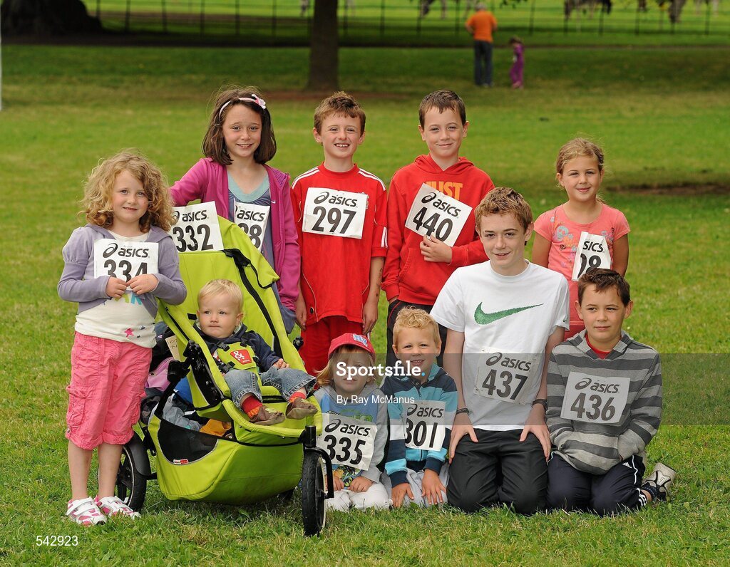 31 July 2011; Cousins at the race, back row, left to right, Liah Walshe, 7 years, from Baloon, Co. Carlow, Sadbh O'Brien, Kilcock, Co. Kildare, Gavin Mitten, 9, Newbridge, Co. Kildare, Rossa O'Brien, 9, Kilcock, and Emma Mitten, 6, Newbridge. Front row, left to right, Lewis Walshe, Ballon, Freddie Walshe, 3, Balloon, Rory Mitten, 3, Newbridge, Conor O'Brien, 12, Kilcock, and Evan O'Brien, 9, from Kilcock, before the Athletics Ireland Family Fitness Festival at Farmleigh. Phoenix Park, Dublin. Picture credit: Ray McManus / SPORTSFILE