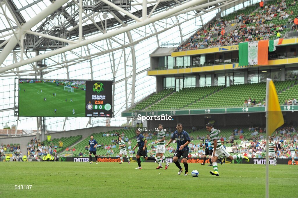 30 July 2011; Emilio Izaguerie, Glasgow Celtic, in action against Goran Pandev, Inter Milan. Dublin Super Cup, Inter Milan v Glasgow Celtic FC, Aviva Stadium, Lansdowne Road, Dublin. Picture credit: David Maher / SPORTSFILE
