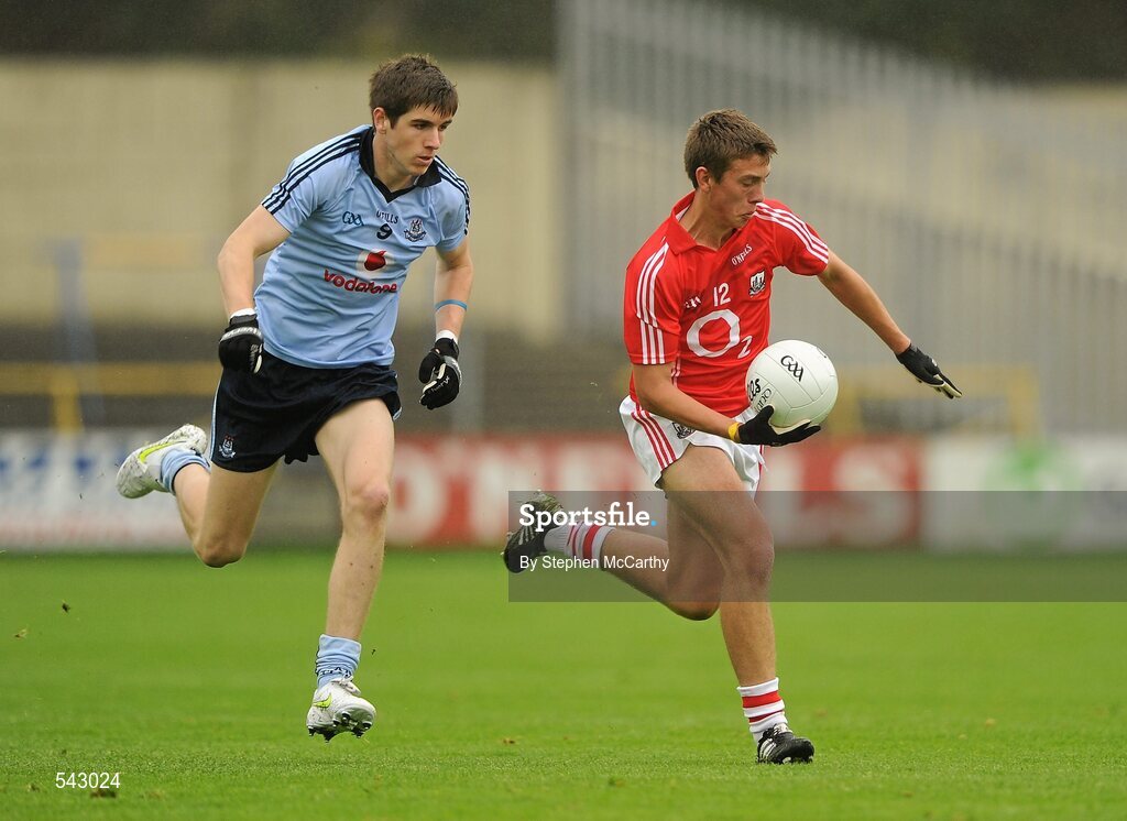 1 August 2011; Cian O'Sullivan, Cork, in action against Emmett O'Conghaile, Dublin. GAA Football All-Ireland Minor Championship Quarter-Final, Dublin v Cork, O'Moore Park, Portlaoise, Co. Laois. Picture credit: Stephen McCarthy / SPORTSFILE