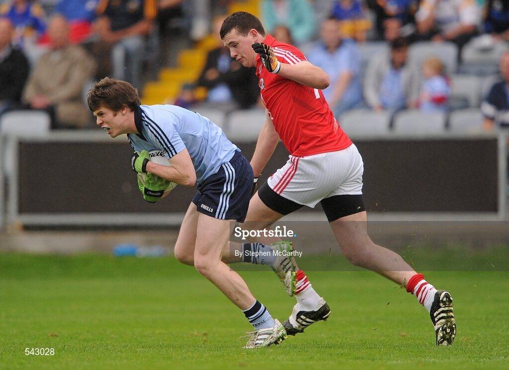 1 August 2011; Robert McDaid, Dublin, in action against Stephen O'Mahony, Cork. GAA Football All-Ireland Minor Championship Quarter-Final, Dublin v Cork, O'Moore Park, Portlaoise, Co. Laois. Picture credit: Stephen McCarthy / SPORTSFILE