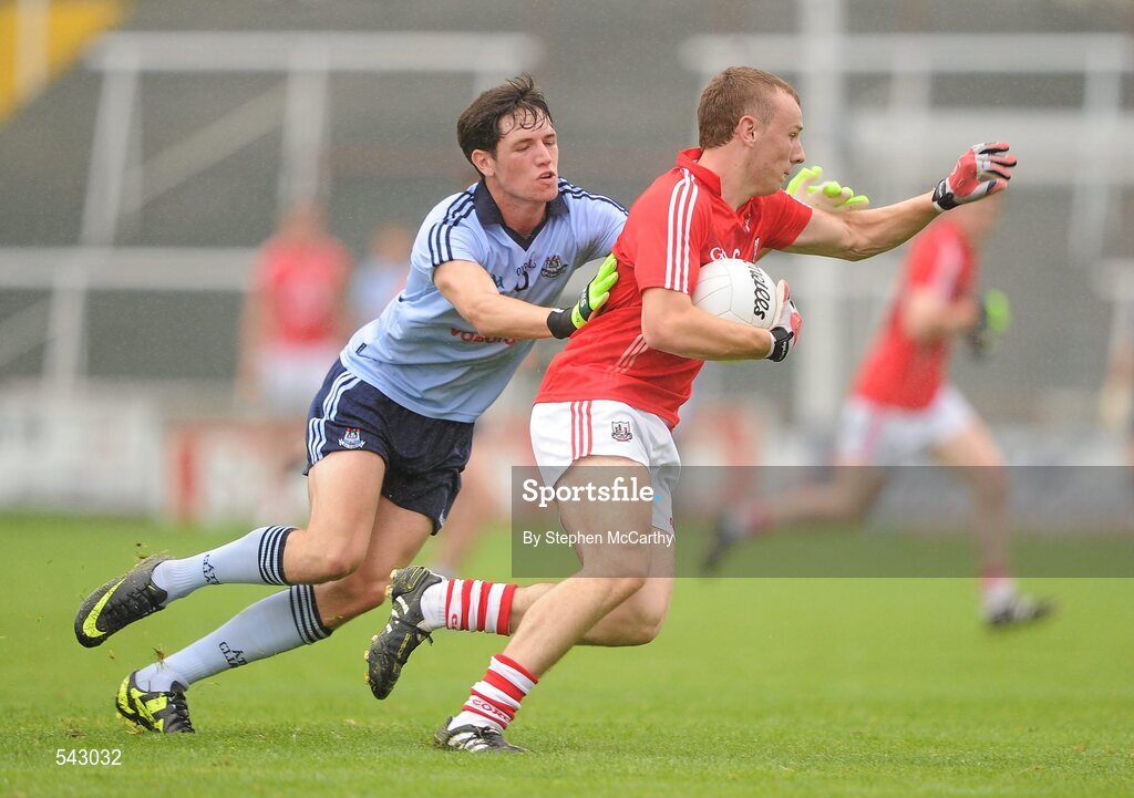 1 August 2011; Brian O'Driscoll, Cork, in action against Gavin Ivory, Dublin. GAA Football All-Ireland Minor Championship Quarter-Final, Dublin v Cork, O'Moore Park, Portlaoise, Co. Laois. Picture credit: Stephen McCarthy / SPORTSFILE