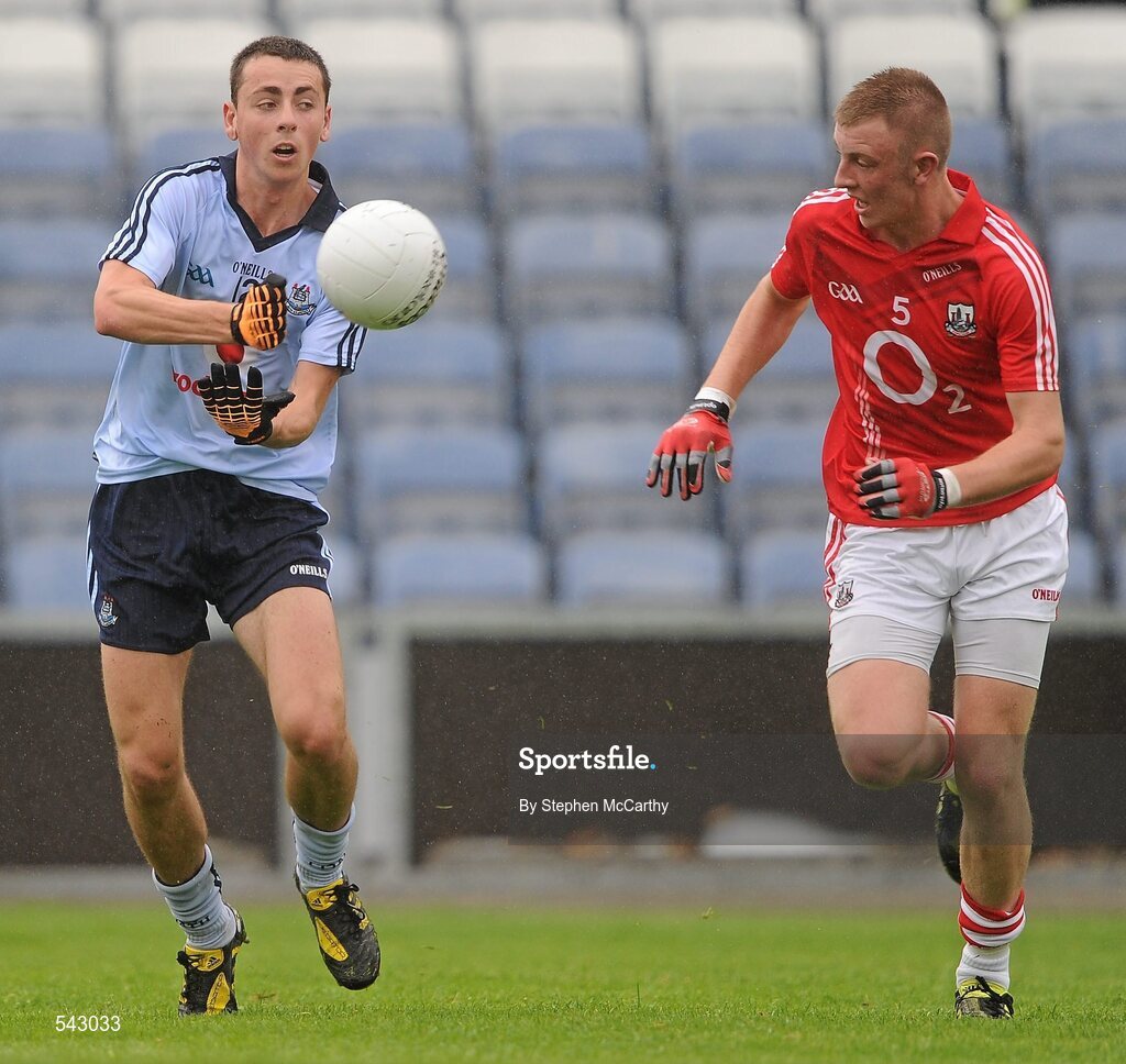 1 August 2011; Cormac Costello, Dublin, in action against Killian O'Hanlon, Cork. GAA Football All-Ireland Minor Championship Quarter-Final, Dublin v Cork, O'Moore Park, Portlaoise, Co. Laois. Picture credit: Stephen McCarthy / SPORTSFILE