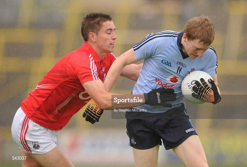 1 August 2011; David Campbell, Dublin, in action against Conor Dorman, Cork. GAA Football All-Ireland Minor Championship Quarter-Final, Dublin v Cork, O'Moore Park, Portlaoise, Co. Laois. Picture credit: Stephen McCarthy / SPORTSFILE